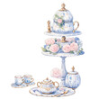 Spring afternoon tea party table Decorated with blue and pink flowers