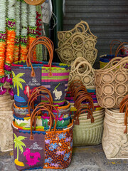 Traditional woven baskets at Mauritian market in Port Louis