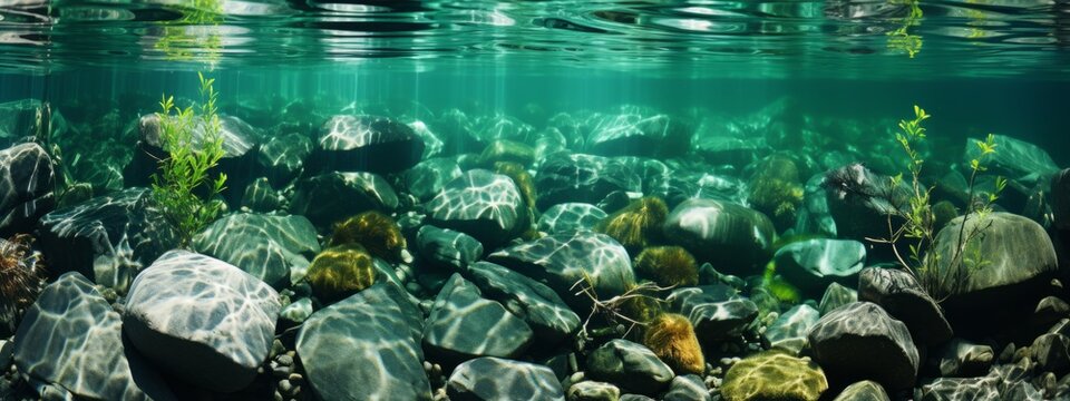 underwater of river natural landscape with stone pebble and water tree leaf flow in water beautiful 