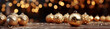 Christmas background with golden decorations, baubles and bokeh. Merry Xmas. Happy New Year. Generative Ai