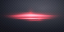 Red Horizontal Lensflare. Light Flash With Rays Or Spotlight And Bokeh. Red Glow Flare Light Effect. Vector Illustration. Isolated On Dark Transparent Background.