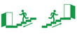a set of flat emergency exit signs, go up the stairs, go down the stairs, a person runs down the stairs to the emergency exit