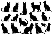 Set Of Cats Silhouettes Isolated On White Background, Vector Illustration