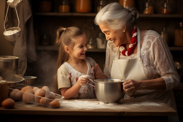 Wall Mural - grandmother and granddaughter are baking in the kitchen