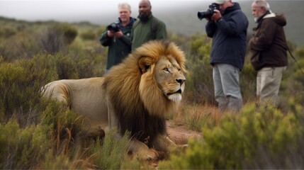 Wall Mural - tourists photographing male lion.