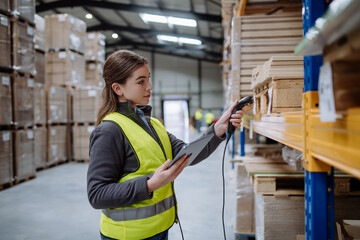 Canvas Print - Female warehouse worker holding scanner, scanning the barcodes on products in warehouse. Warehouse manager using warehouse scanning system.