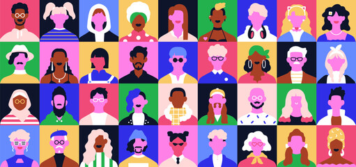 Wall Mural - Creative face avatars set. Abstract male, female characters in modern trendy style. Colorful quirky head portraits, group. Diverse stylish people, fashion men, women. Colored flat vector illustration