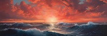 Idyllic Golden Hour Sunset With Colorful Red Clouds Far Into The Distant Horizon And Majestic Open Ocean Waves - Calming And Tranquil Scenic Seascape - Overwhelming Sense Of Freedom And Peace.