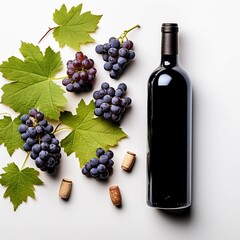 Poster - Bottle of red wine with ripe grapes and vine leaves on white background. Copy space, top view