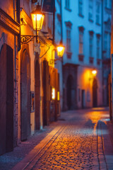 Wall Mural - A nighttime cityscape with illuminated architecture and cobblestone alley.