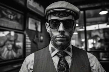 Grayscale Portrait of Young Man in Horn-Rimmed Glasses, Vest, and Shirt with Tie, Wearing a Flat Cap with Tattoo on Forehead, Part of Face, and Neck with Piercings in Ears, Indoors