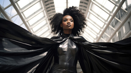 Beautiful African looking girl in black superhero costume against urban background. Concept of a determined leader, businesswoman. Cosplay