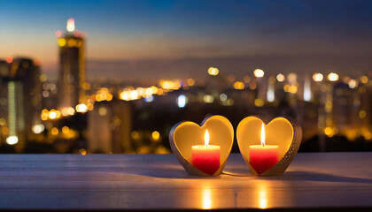 Two heart-shaped candles, resting on a table, behind a cityscape at night