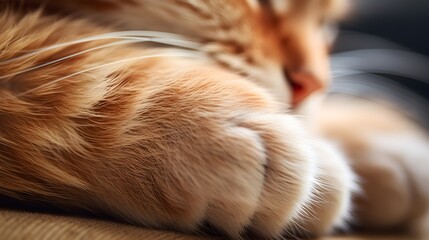 Wall Mural - An image showcasing the close-up details of a cat's paw when curled in a relaxed napping position, emphasizing the comfort, warmth, and cuteness of the curled paw, AI generated