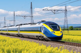 Fototapeta  - A modern high-speed train runs on the high-speed rail outside the city in summer.