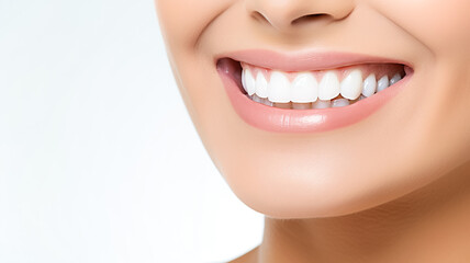 Wall Mural - Partial portrait of a girl with white teeth smiling. Closeup of young woman at dentist's studio isolated on white background. 
