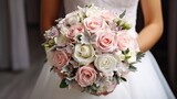 Fototapeta Kwiaty - Wedding bouquet of roses in bride's hands