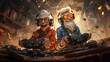 Two very happy old men in cartoon style with big sound helmets playing together with weird electronic devices on a blurry abstract workshop background