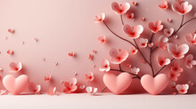 Valentine Day Background Of A Stylized Tree With Leafs Like Butterflies And Some Big Chubby Pink Hearts With A Soft Pastel Pink Gradient