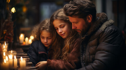 Worried young daddy with his two young daughters inside a dark place with candles without heating