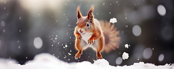 A cute red squirrel jumping in the snow.