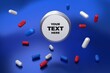 medicine can, blue white and red tablets, place for adding text, empty label