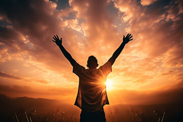  Silhouette of a DJ with raised hands at a music festival against a sunset, symbolizing the celebration of music and freedom.
