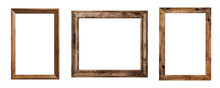 Set Of Empty Natural Wooden Photo Frames On Transparent Background. Realistic Border Wooden Rectangular Picture Frame For Design, Image Display Concept
