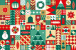 Scandinavian style Christmas seamless pattern. A postcard for the New Year's Eve holiday. Snowflakes, ornaments and Christmas trees. Retro clean conceptual design. Vector illustration