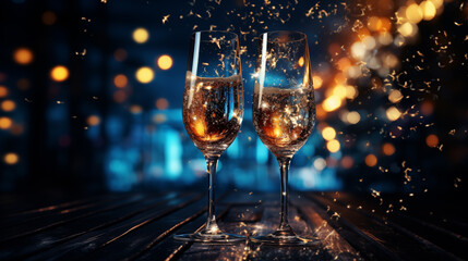 In the semi-darkness on the table there are two glasses of champagne with gold particles inside