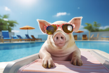 pig in sunglasses sunbathing lying on a sun lounger by the pool, summer vacation