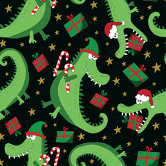 Wall Mural - Chritmas alligator, crocodile seamless pattern. Cartoon funny alligator in Santa hat and with gift box and cany cane. Good for textile print, cover, wrapping and wallpaper design.