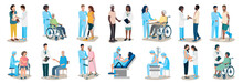 Big Set Of Vector Illustrations Of Doctor And Patient. Doctors And Nurses Of Different Specialties Care For And Help Patients Of Different Ages And Nationalities. Thanks To The Doctors And Nurses.
