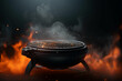 Low mesh grill with smoke on dark background with fire and space for text or inscriptions, grilling and BBQ theme.generative ai