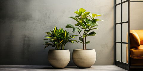 Modern interior design with two potted indoor plants against a textured concrete wall, reflecting a minimalist and tranquil urban home aesthetic