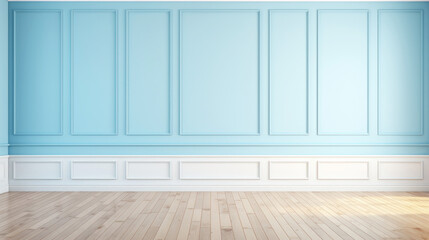 Wall Mural - Elegant empty room with light blue tall walls. Frame wall molding decorating. Wooden floor. Copy space. Generative AI