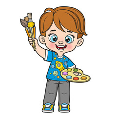 Poster - Cute cartoon boy holding the palette with paints and brushes in hands color variation for coloring page on a white background