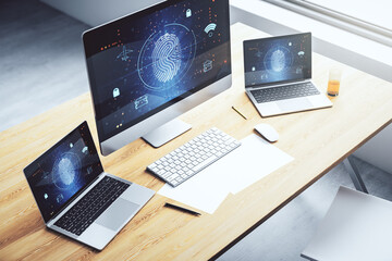 Poster - Modern computer monitor with abstract creative fingerprint hologram, research and development concept. 3D Rendering