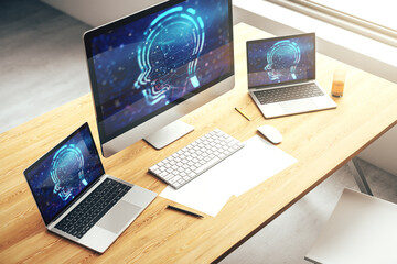 Poster - Creative artificial Intelligence concept with human head sketch on modern computer monitor. 3D Rendering