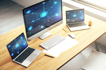 Aufkleber - Modern computer monitor with creative lock hologram and chip. Information security concept. 3D Rendering