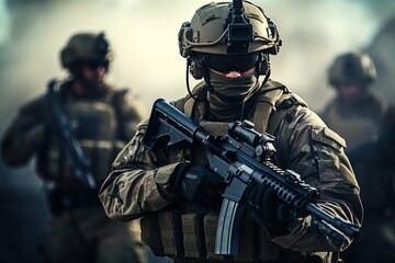 Wall Mural - Army soldiers in Protective Combat Uniform holding Special Operations Forces Combat Assault Rifle