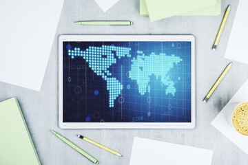Poster - Top view of modern digital tablet monitor with abstract digital world map, research and strategy concept. 3D Rendering