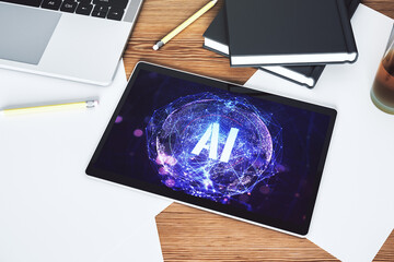 Poster - Creative artificial Intelligence symbol concept on modern digital tablet display. Top view. 3D Rendering