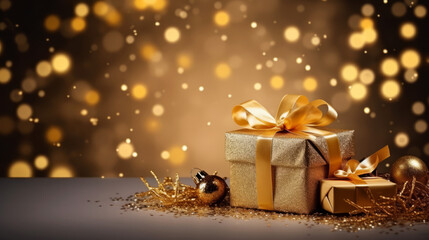 Wall Mural - golden christmas gift box with bokeh background as header