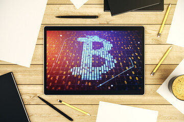 Poster - Modern digital tablet monitor with creative Bitcoin symbol. Cryptocurrency concept. Top view. 3D Rendering