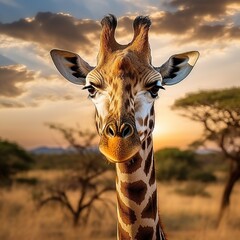 Wall Mural - Close up shot of giraffe head. Giraffe on the background of the savannah