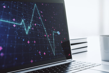 Poster - Creative abstract heart rate sketch on modern laptop monitor, Medicine and healthcare concept. 3D Rendering