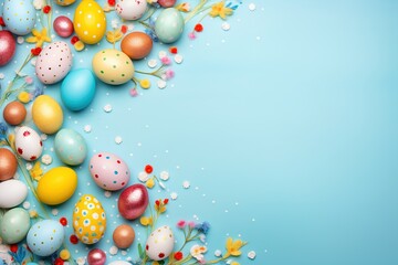 Sticker - Easter frame. Colorful Easter egg on pastel blue background. Concept of Happy Easter