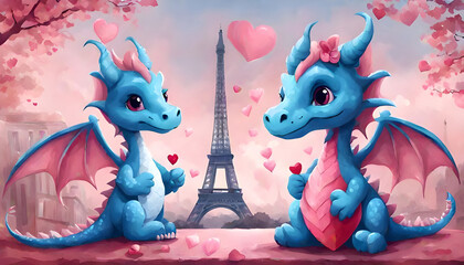 Cute dragons celebrating Valentine's day in Paris near Eifel tower cartoon