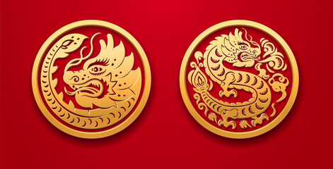 Red dragon zodiac symbol, Chinese New Year 2024 round banner or coin with lunar character. Asian horoscope decoration for spring festival, greeting card and tattoo design element, lunar calendar sign